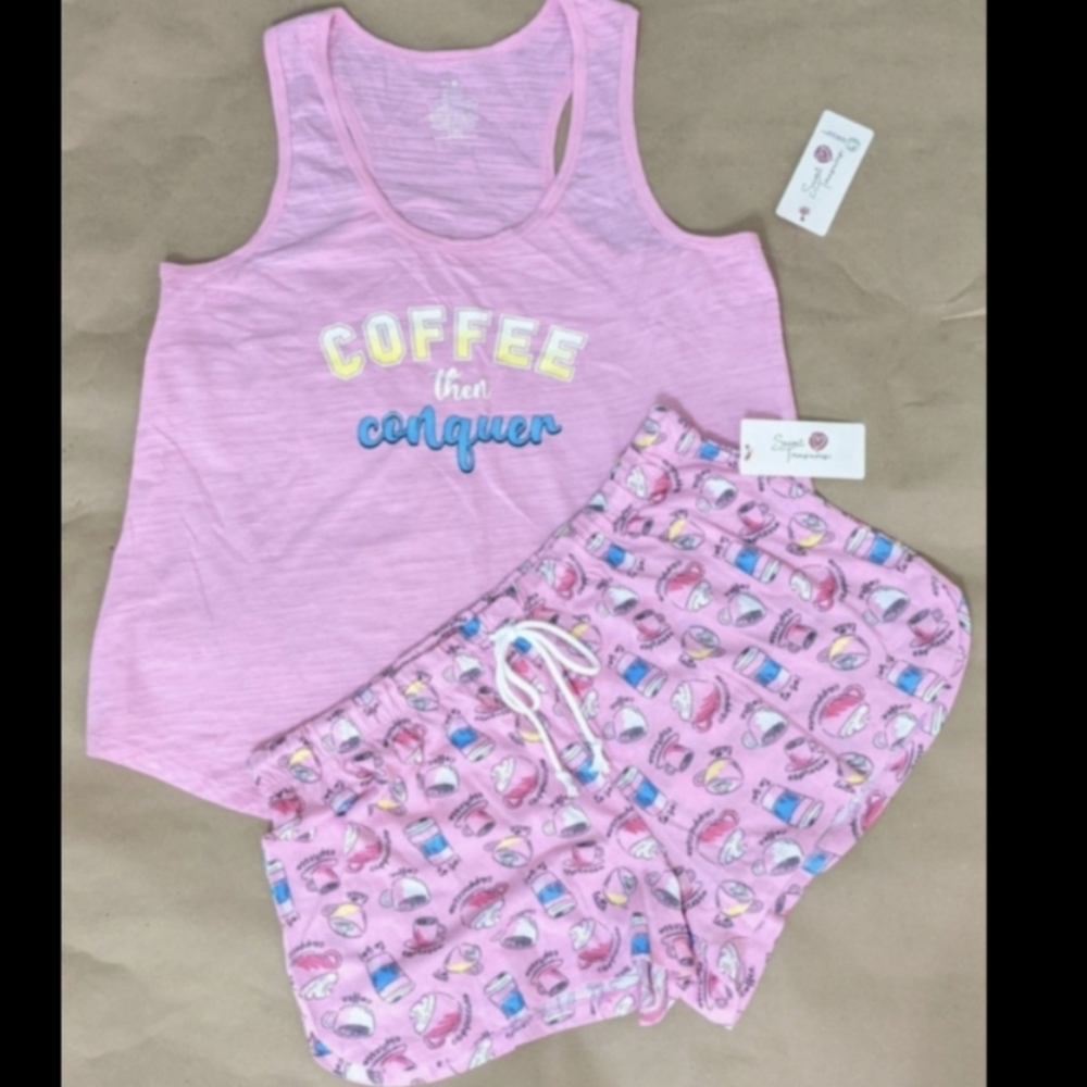 Women's Pink Coffee Themed Top and Bottoms 2 PC Pajamas Set, Size Large, NWT